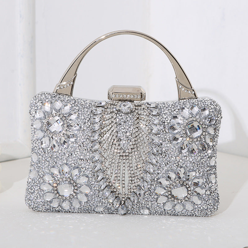 Women's Rhinestone Embellished Clutch Bag with Metal Top Handle