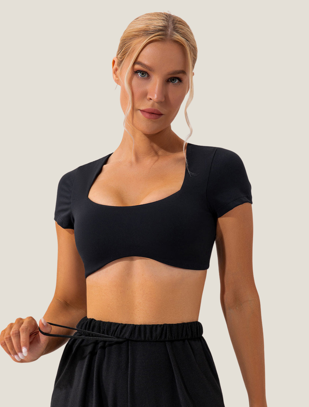 Women’s Short Sleeve Crop Top - Square Neck Fitted Active Top for Training and Everyday Wear