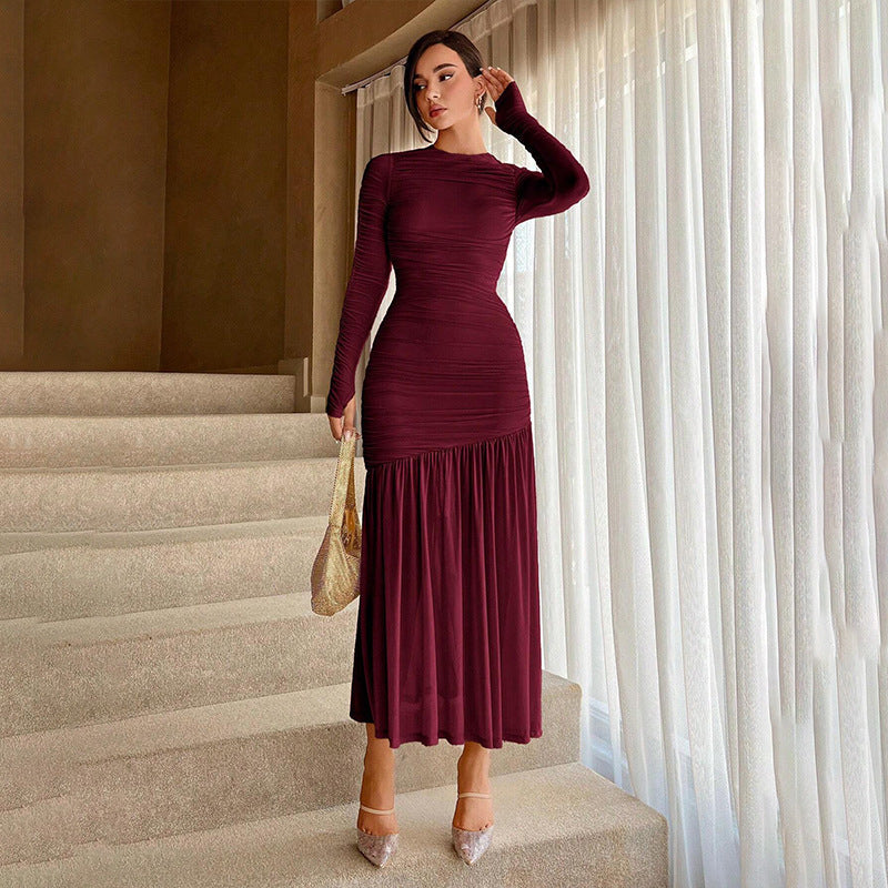 Women's Long Sleeve Ruched Drop Waist Pleated Midi Dress - Crew Neck