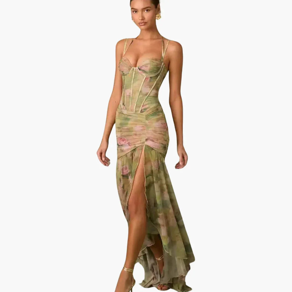 Women's Floral Print Corset Bodice Spaghetti Strap Maxi Dress