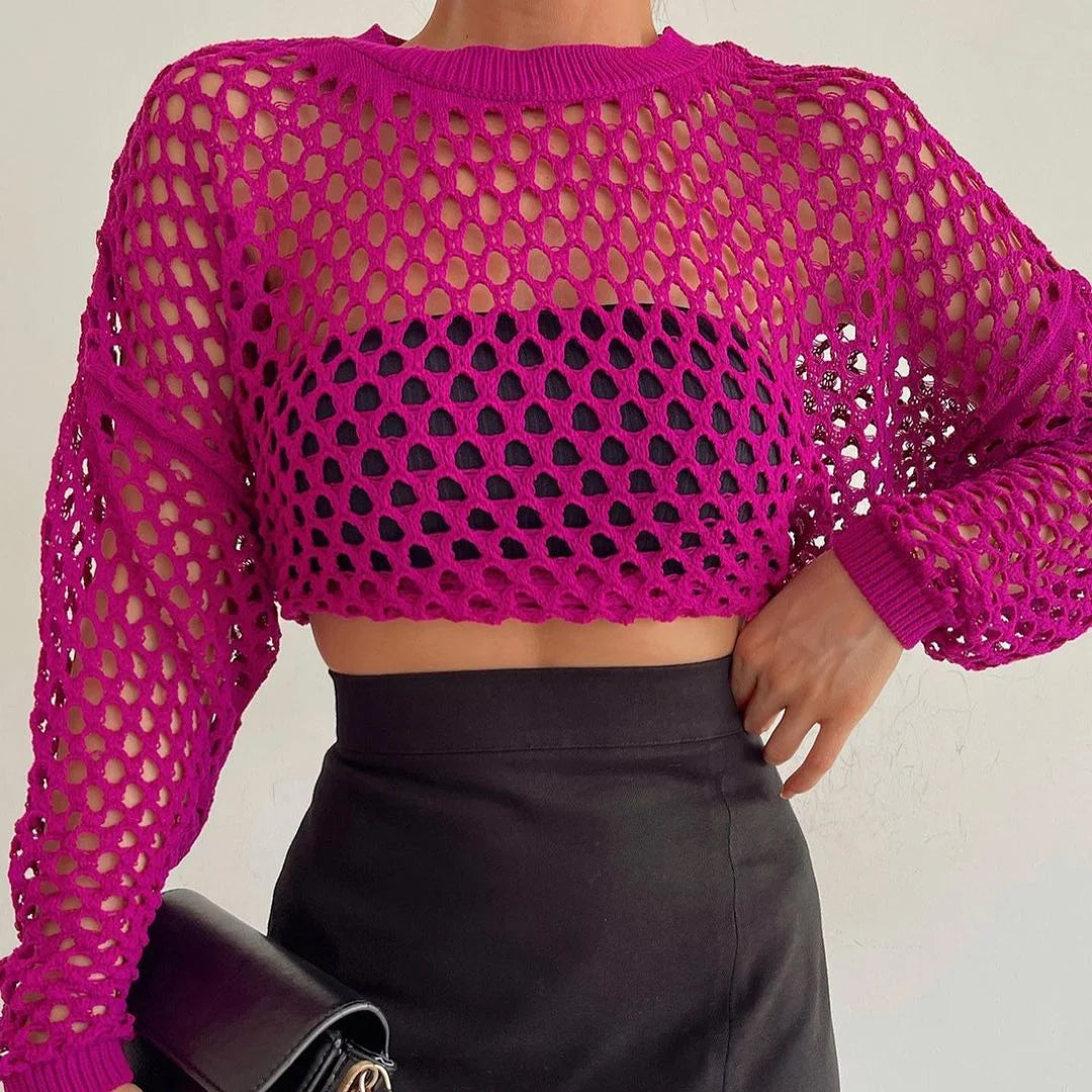 Women's Crochet Crop Top - Crew Neck Long Sleeve Open Knit Sheer Cropped Jumper with Ribbed Hem