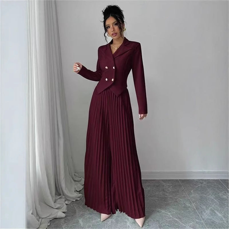 Women's Two Piece Suit Set - Double Breasted Cropped Blazer - Pleated Wide Leg Pants