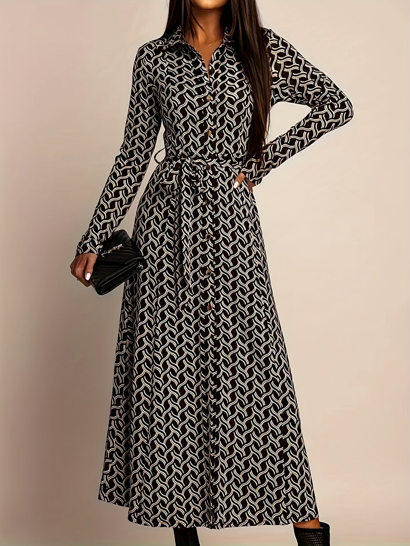 Women's Geo Print Long Sleeve Midi Dress with Shirt Collar and Tie Belt