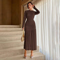 Women's Long Sleeve Ruched Drop Waist Pleated Midi Dress - Crew Neck