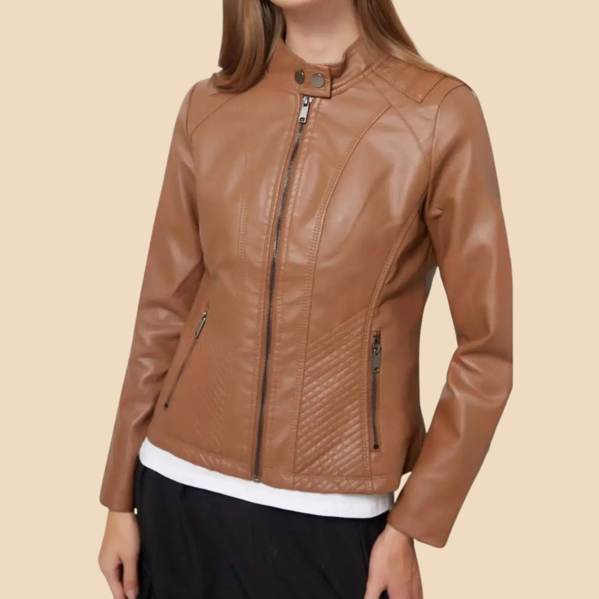 Women’s Zip-Front Faux Leather Jacket with Stand Collar and Quilted Panel Detailing