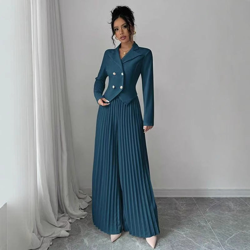 Women's Two Piece Suit Set - Double Breasted Cropped Blazer - Pleated Wide Leg Pants