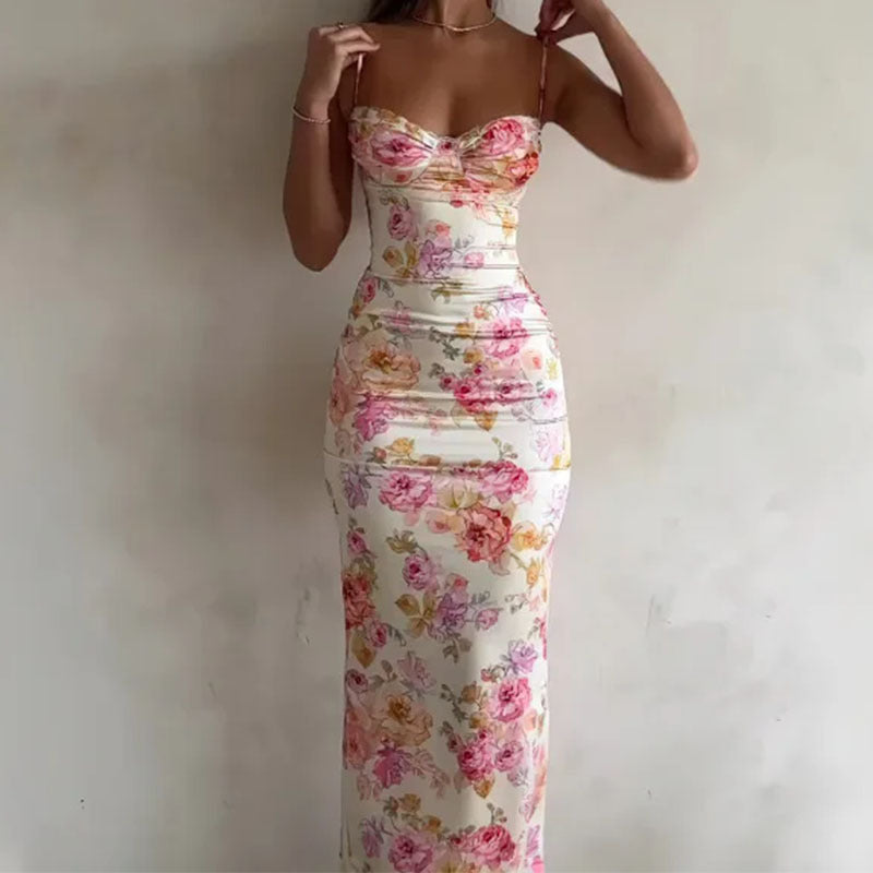 Women's Floral Print Bodycon Maxi Dress with Sweetheart Neck
