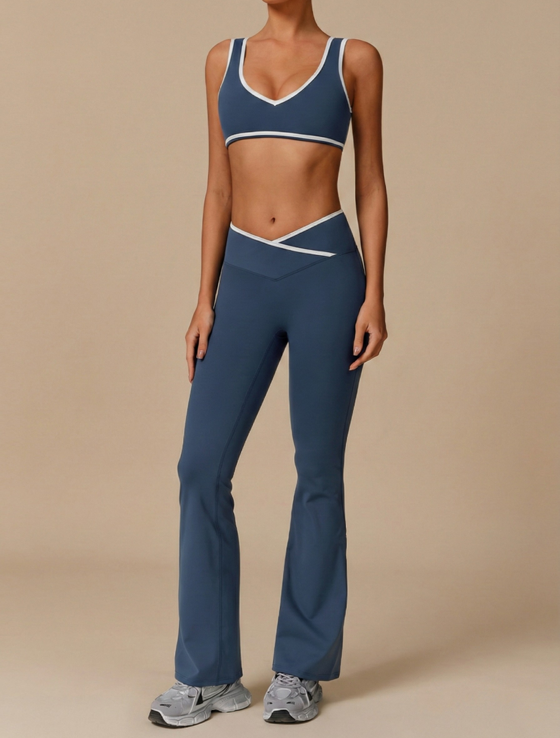 Women’s Two-Piece Yoga Set - V Neck Sports Bra and Flared High Waisted Leggings Activewear Set