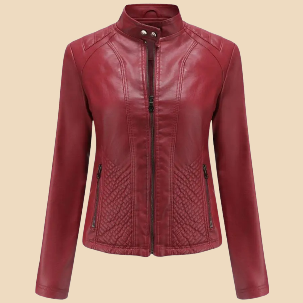 Women’s Zip-Front Faux Leather Jacket with Stand Collar and Quilted Panel Detailing