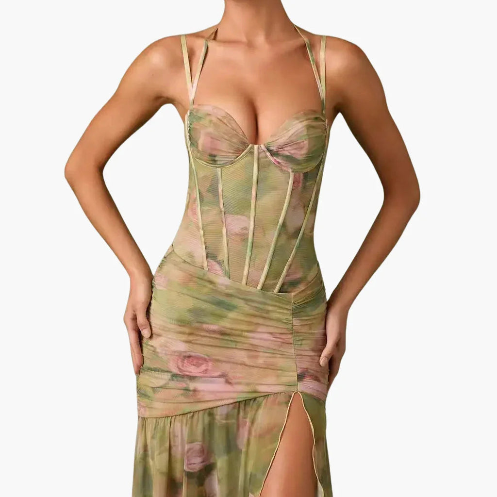 Women's Floral Print Corset Bodice Spaghetti Strap Maxi Dress