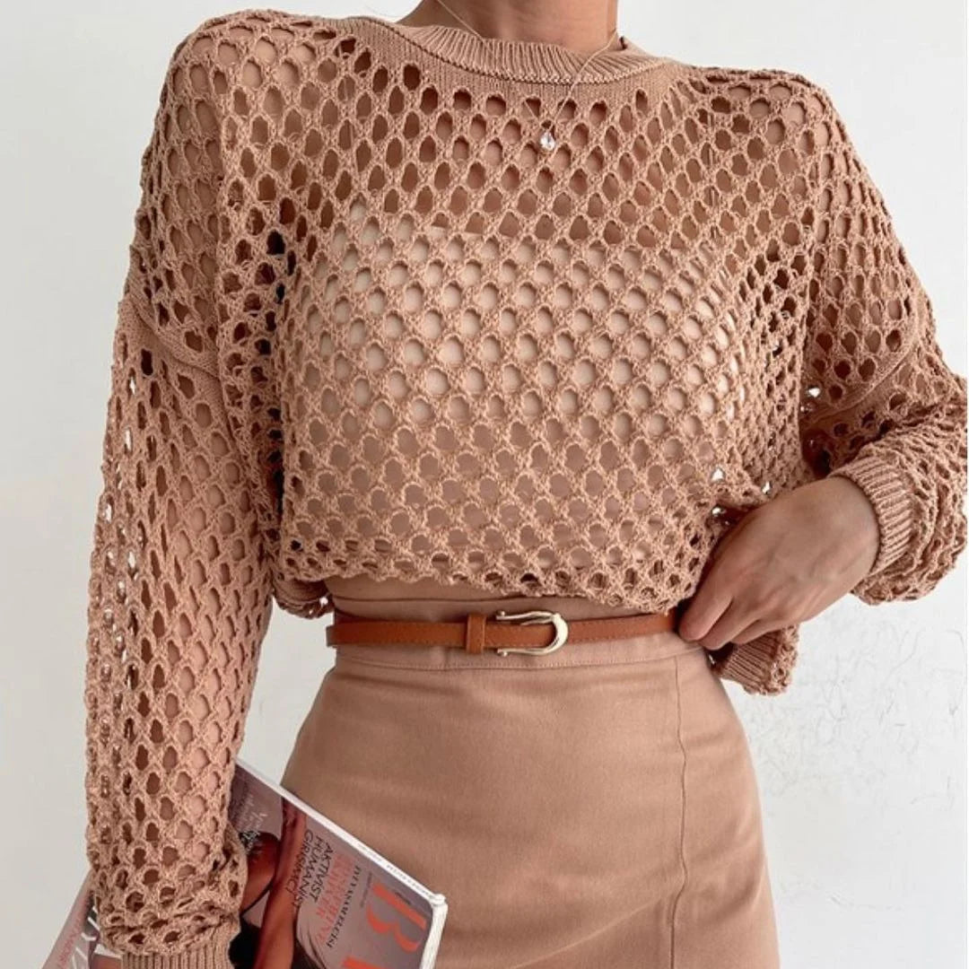 Women's Crochet Crop Top - Crew Neck Long Sleeve Open Knit Sheer Cropped Jumper with Ribbed Hem