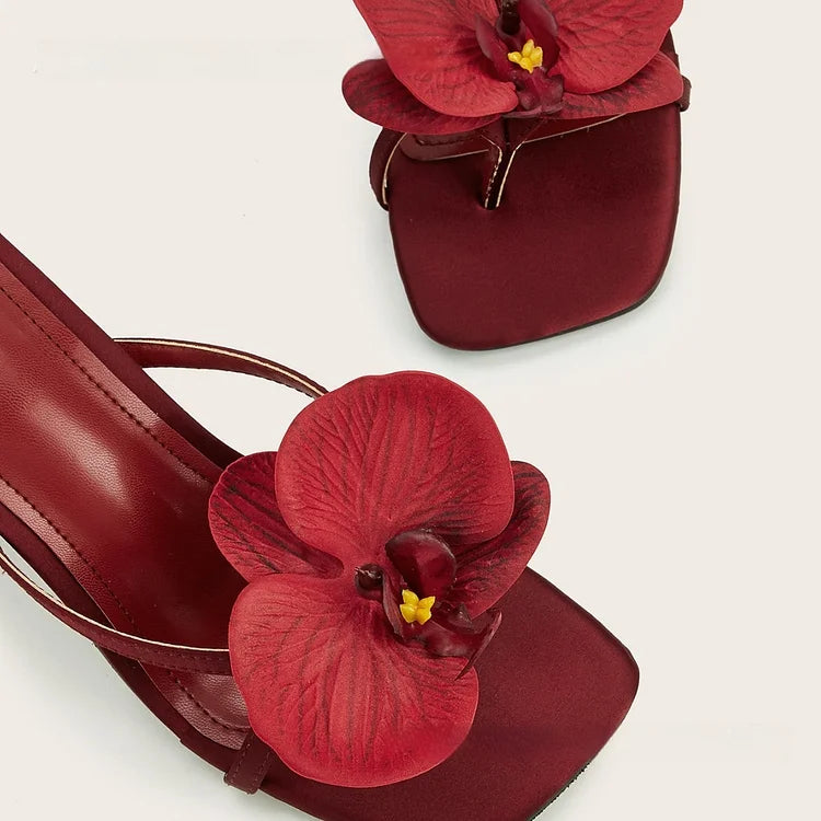 Women's Heels - Flower Detail Square Toe Thong Stiletto Mule Sandals