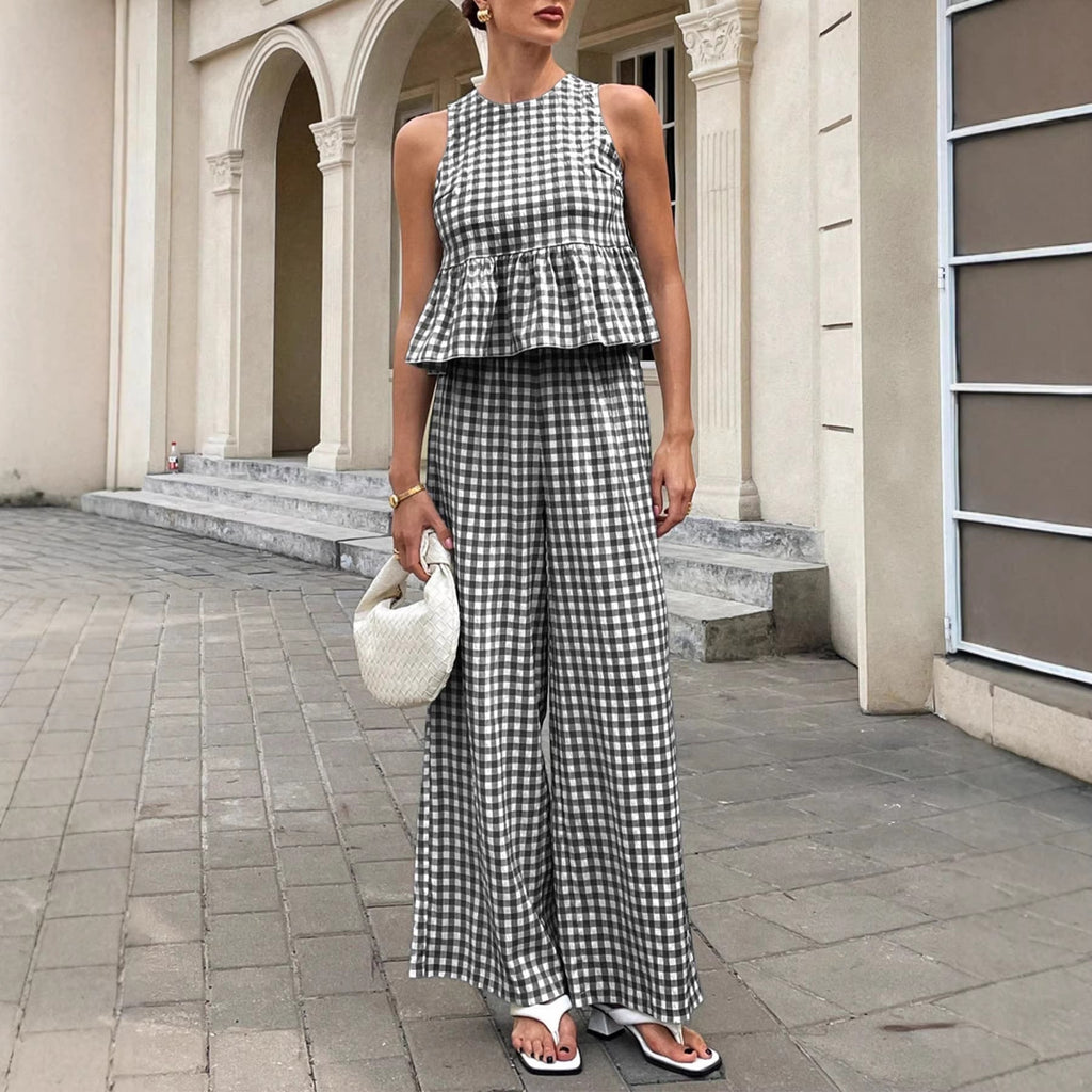 Women's Gingham Sleeveless Peplum Top and Wide Leg Pants - 2 Piece Set