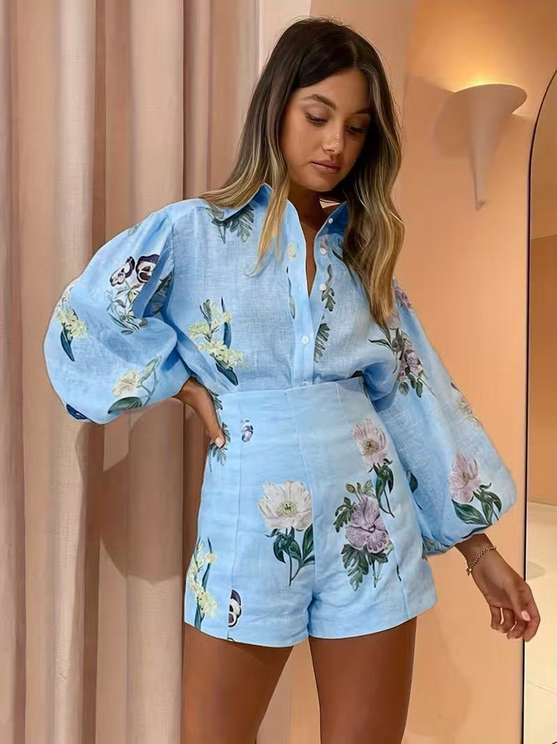 Women's Floral Linen Blend Balloon Sleeve Shirt and High Waist Shorts - 2 Piece Set