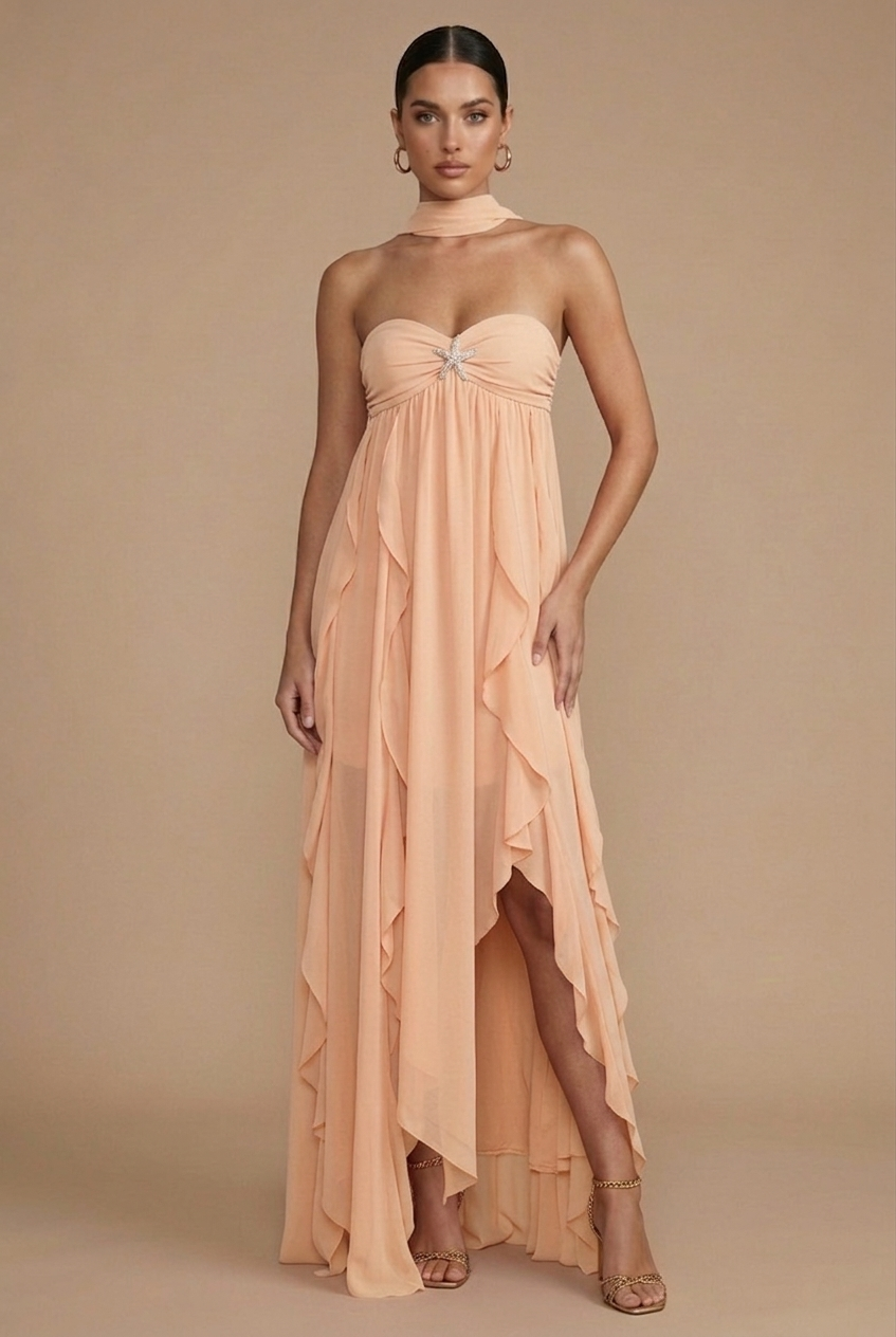 Women's Halter Neck Maxi Dress with Ruffle Skirt - Wedding Guest