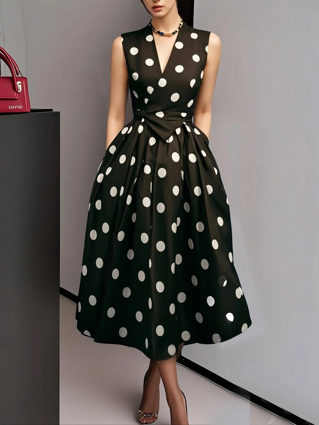 Women's Polka Dot V-Neck Sleeveless Midi Dress - Bow Waist Design