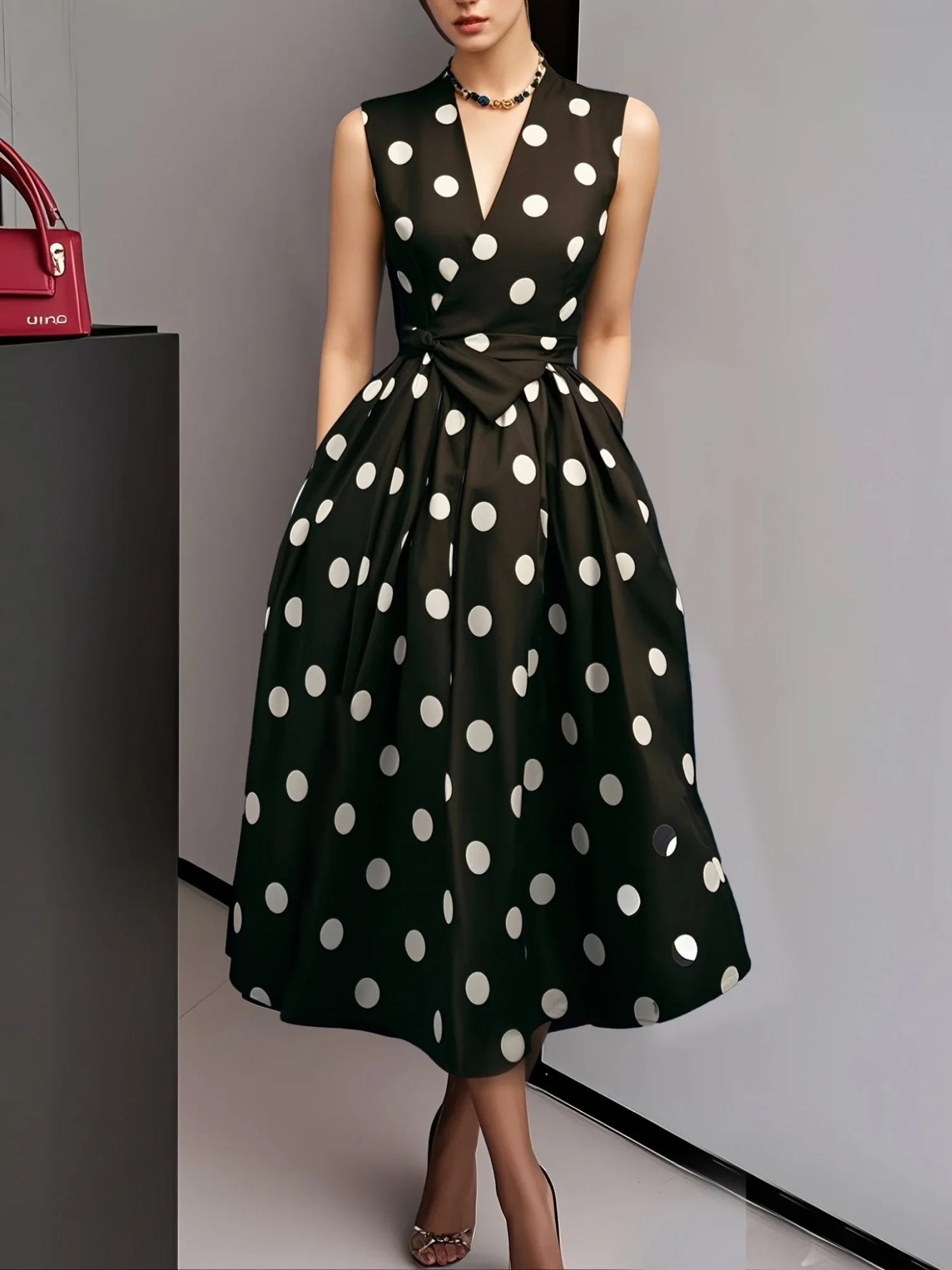 Women's Polka Dot V-Neck Sleeveless Midi Dress - Bow Waist Design