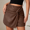 Women's Faux Suede Mini Skort - High Waist Twist Knot Front Asymmetric Hem
