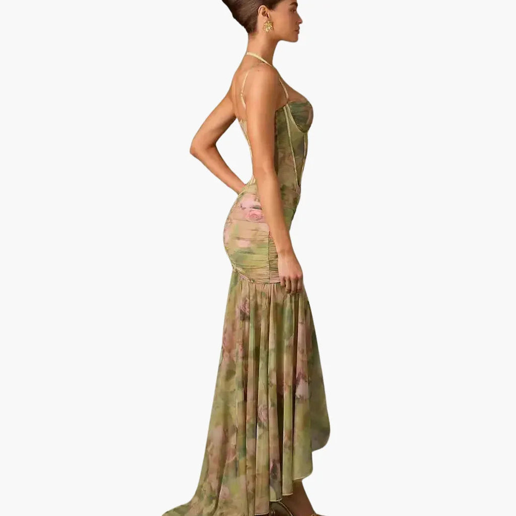 Women's Floral Print Corset Bodice Spaghetti Strap Maxi Dress