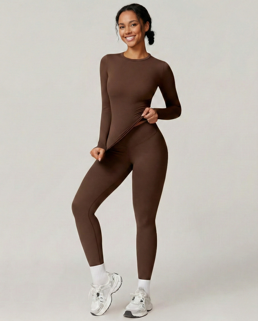 Two Piece Activewear Set - Slim Fit Long Sleeve Top - High Waist Leggings Matching Outfit