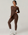 Two Piece Activewear Set - Slim Fit Long Sleeve Top - High Waist Leggings Matching Outfit