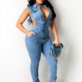 Women's Denim Jumpsuit - Sleeveless V-Neck Cutout Skinny Fit