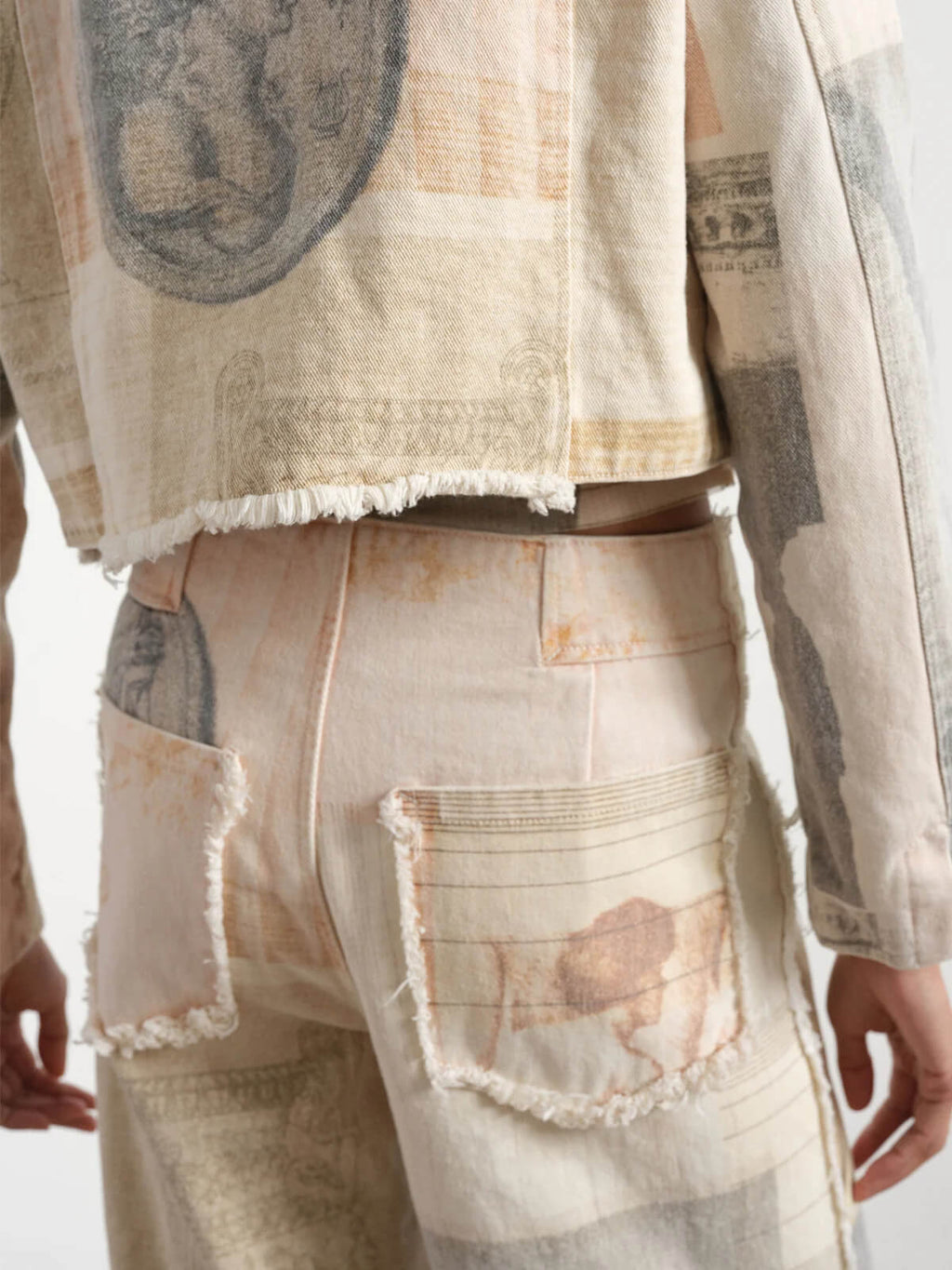 Women's Patchwork Print Wide Leg Jeans - High Rise Button Closure
