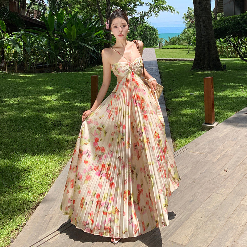 Women's Floral Halter Neck Pleated Open Back Maxi Dress - Cut Out