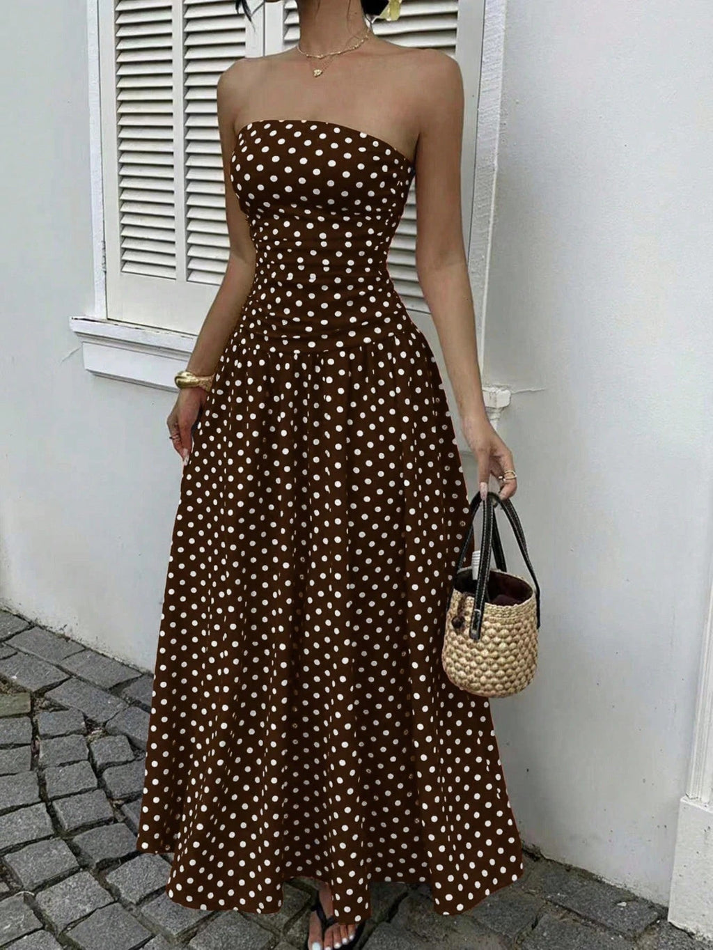 Women's Strapless Polka Dot Ruched Maxi Dress - Flowy Skirt