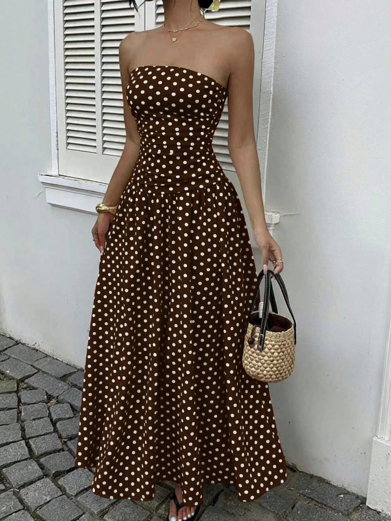 Women's Strapless Polka Dot Ruched Maxi Dress - Flowy Skirt