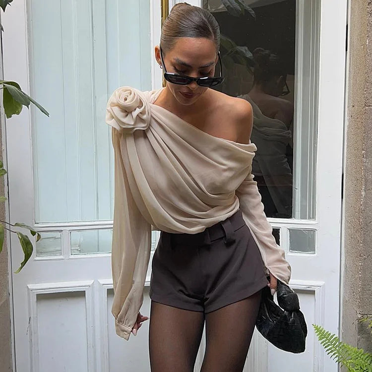 Women's Off Shoulder Draped Blouse with Rosette Detail