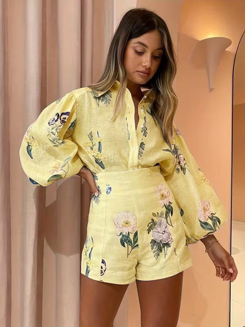 Women's Floral Linen Blend Balloon Sleeve Shirt and High Waist Shorts - 2 Piece Set