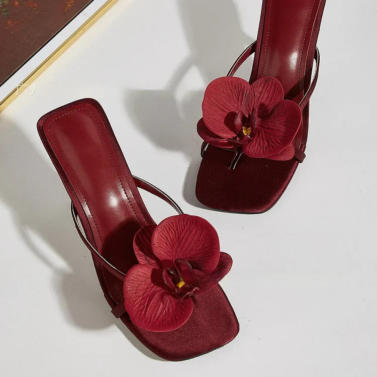 Women's Heels - Flower Detail Square Toe Thong Stiletto Mule Sandals