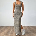 Women's Leopard Print Bodycon Maxi Dress with Side Slit