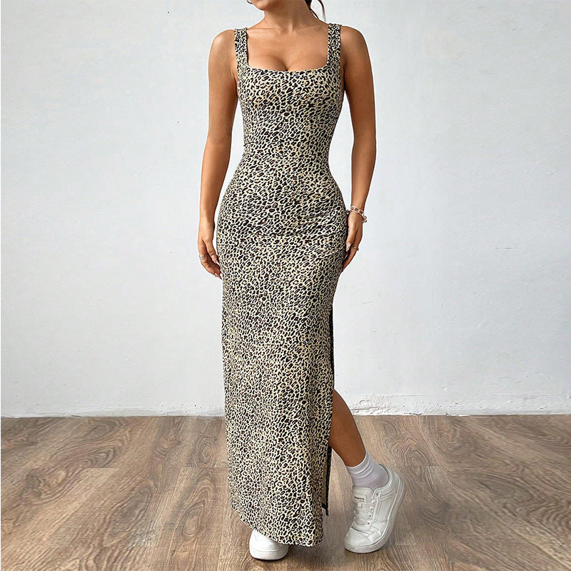 Women's Leopard Print Bodycon Maxi Dress with Side Slit