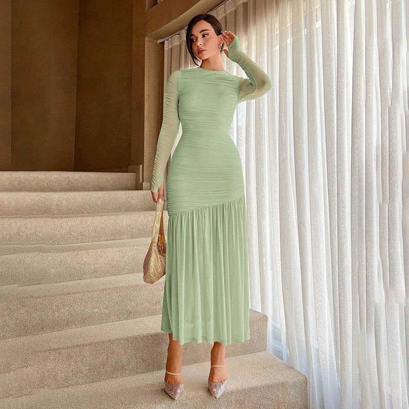 Women's Long Sleeve Ruched Drop Waist Pleated Midi Dress - Crew Neck