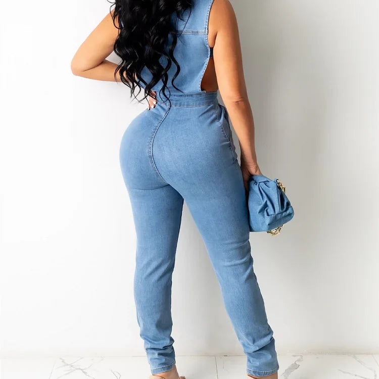 Women's Denim Jumpsuit - Sleeveless V-Neck Cutout Skinny Fit