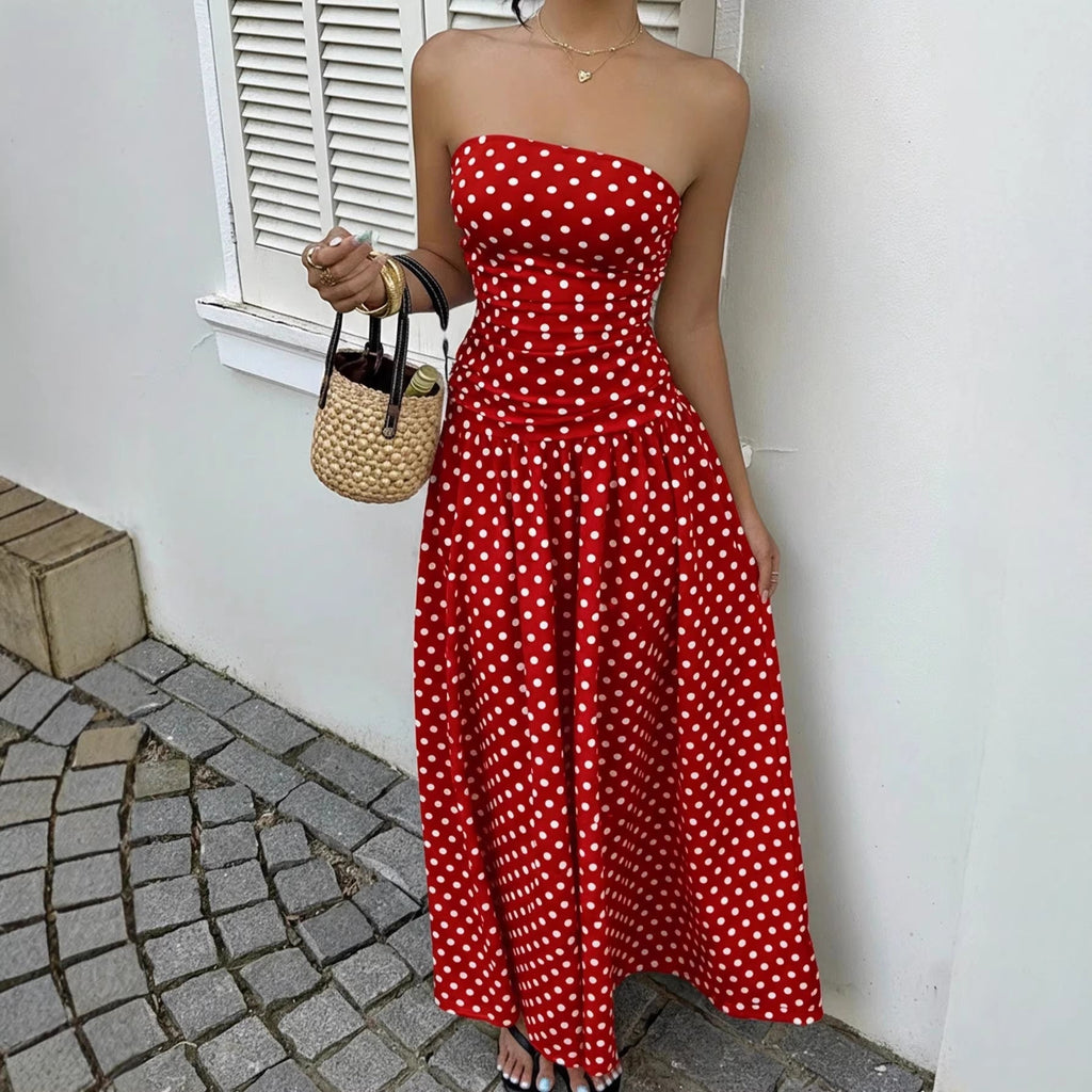 Women's Strapless Polka Dot Ruched Maxi Dress - Flowy Skirt