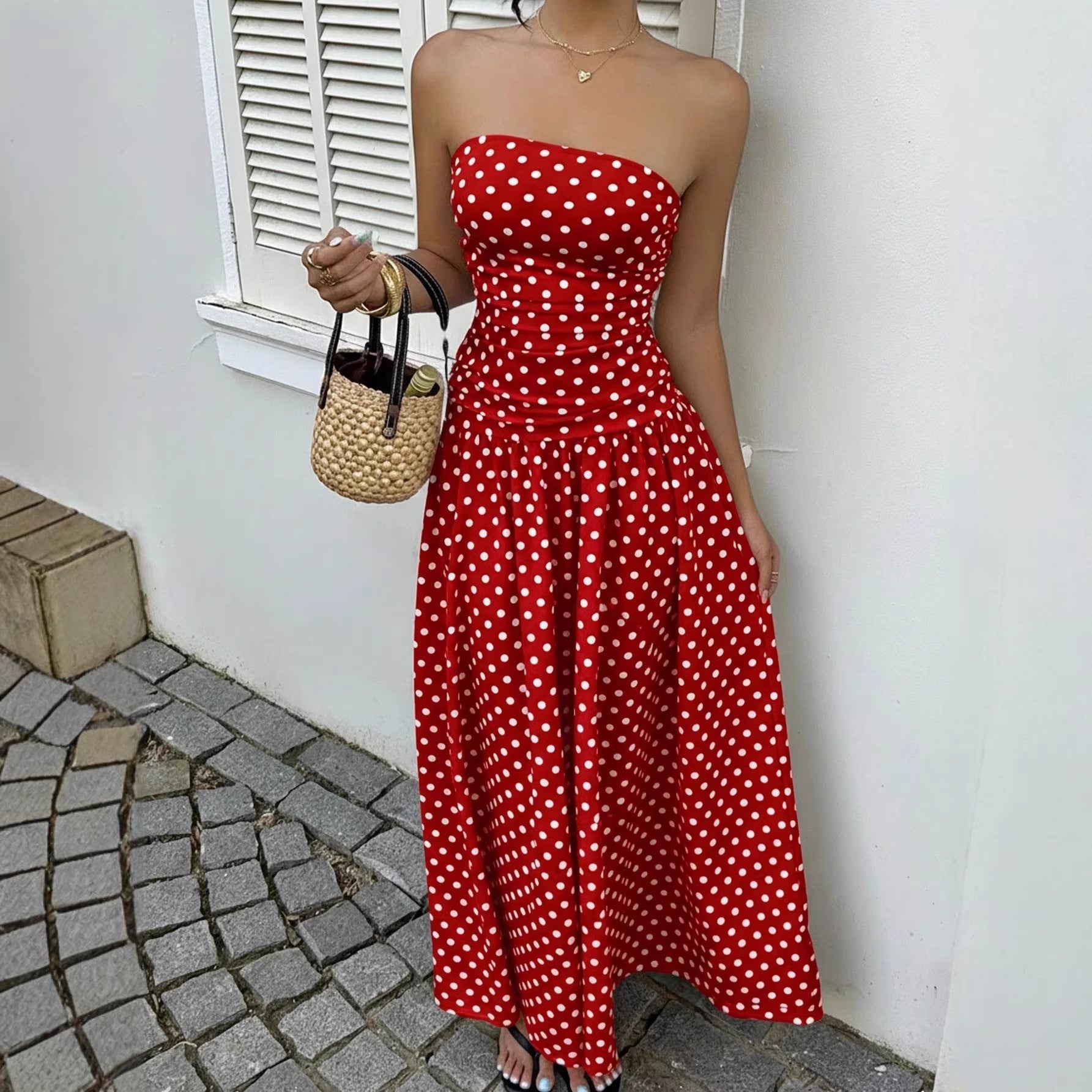 Women's Strapless Polka Dot Ruched Maxi Dress - Flowy Skirt