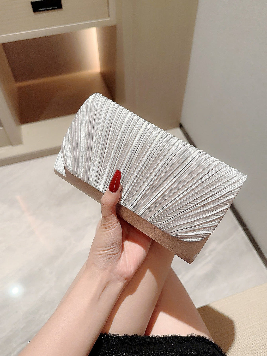 Women's Pleated Satin Clutch Bag Envelope with Flap Closure