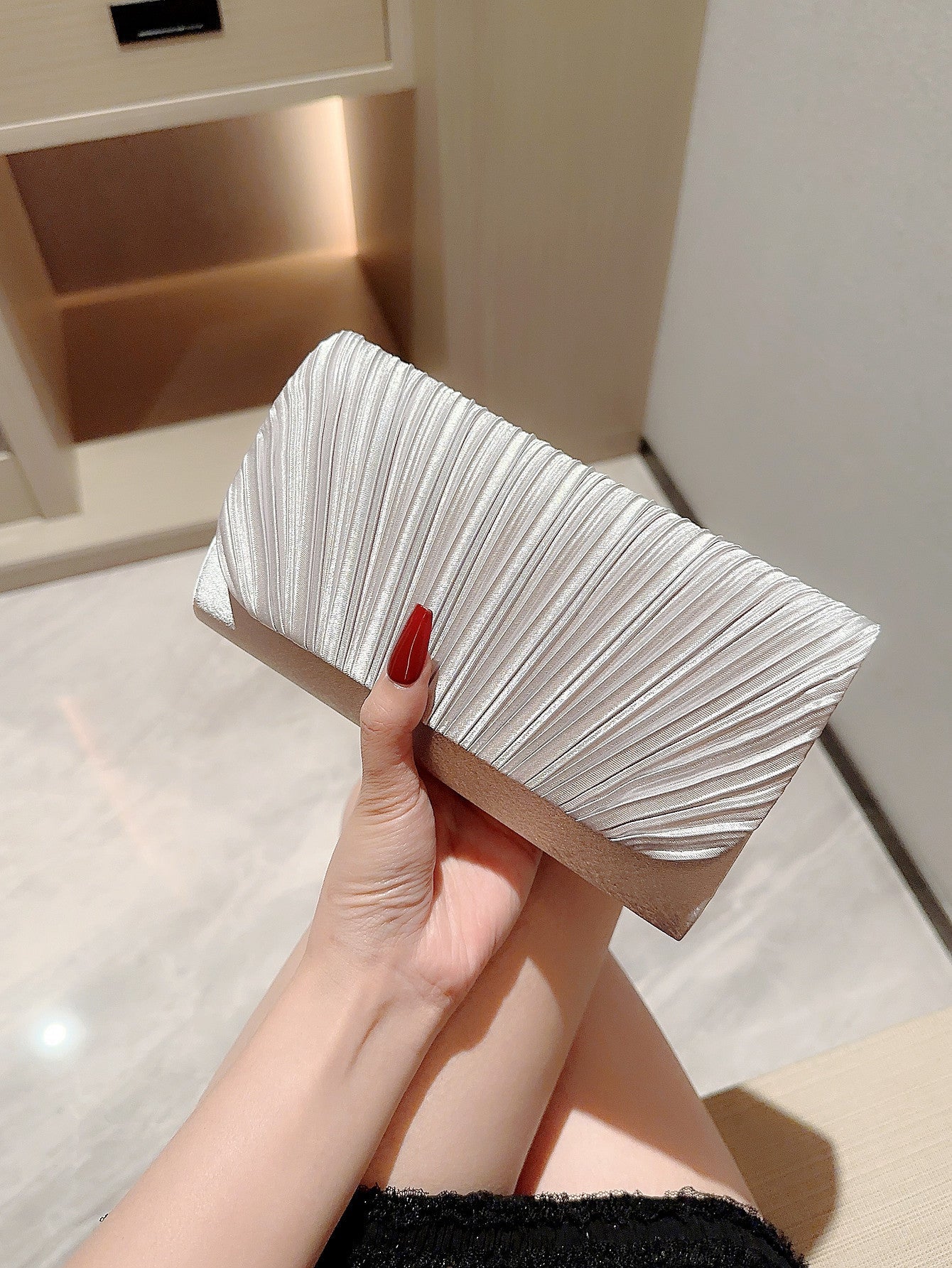 Women's Pleated Satin Clutch Bag Envelope with Flap Closure