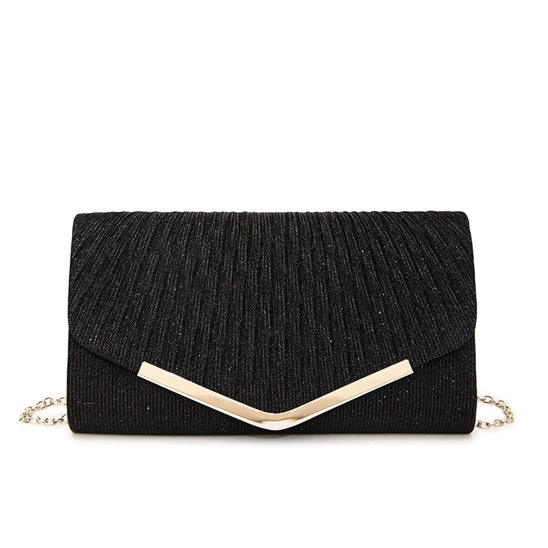 Women's Glitter Pleated Clutch Bag Envelope with Gold Chain Strap