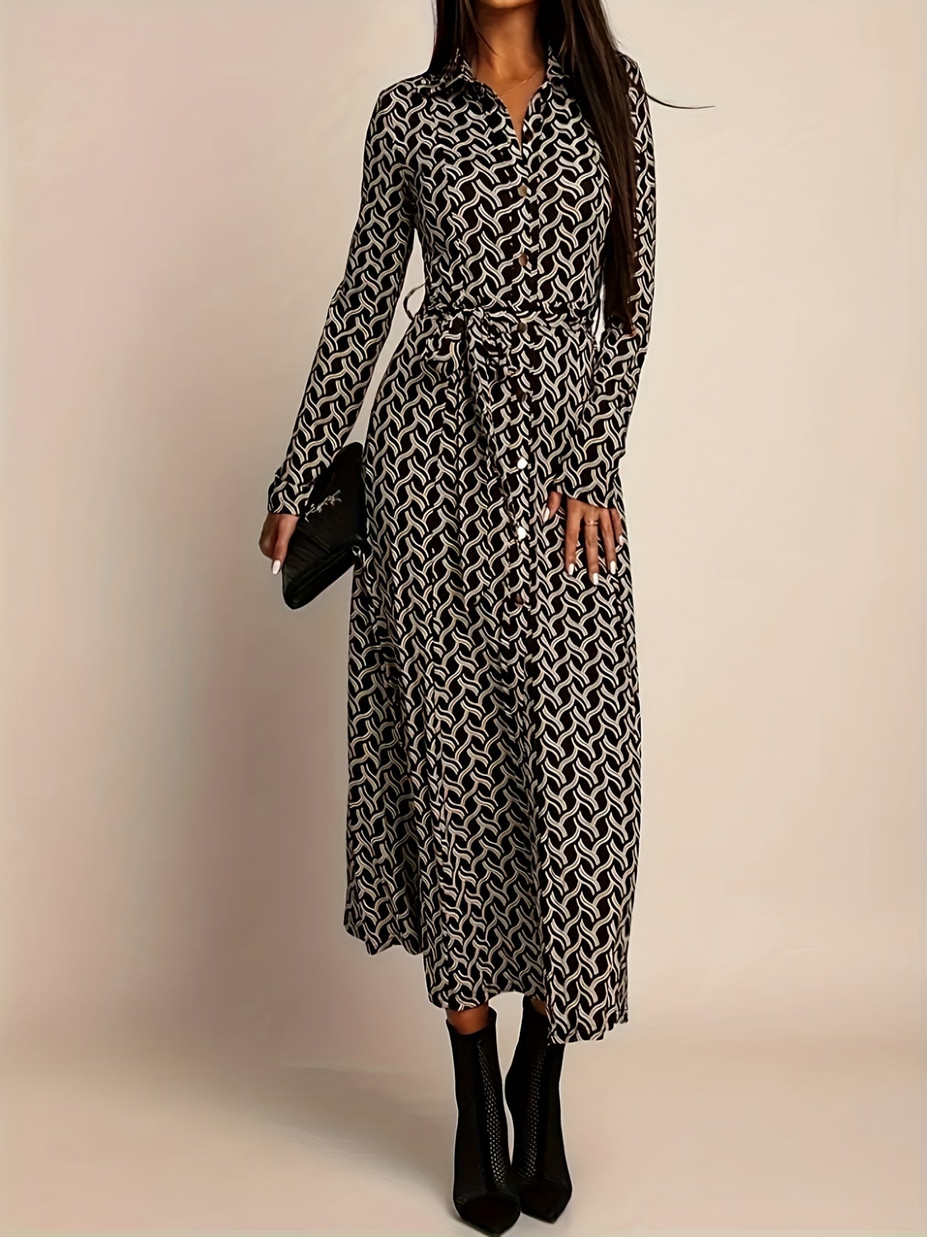 Women's Geo Print Long Sleeve Midi Dress with Shirt Collar and Tie Belt
