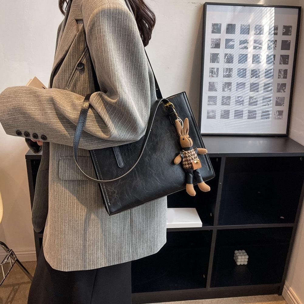 Women's Structured Shoulder Tote Bag - Buckle Strap Detail with Bunny Charm and Gold-Tone Hardware