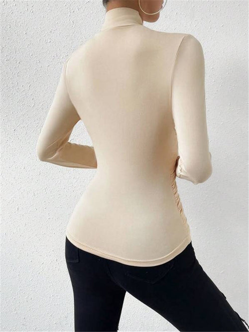 Draped Crossover Long Sleeve Top - High Neck Statement Blouse for Smart Casual Styling
