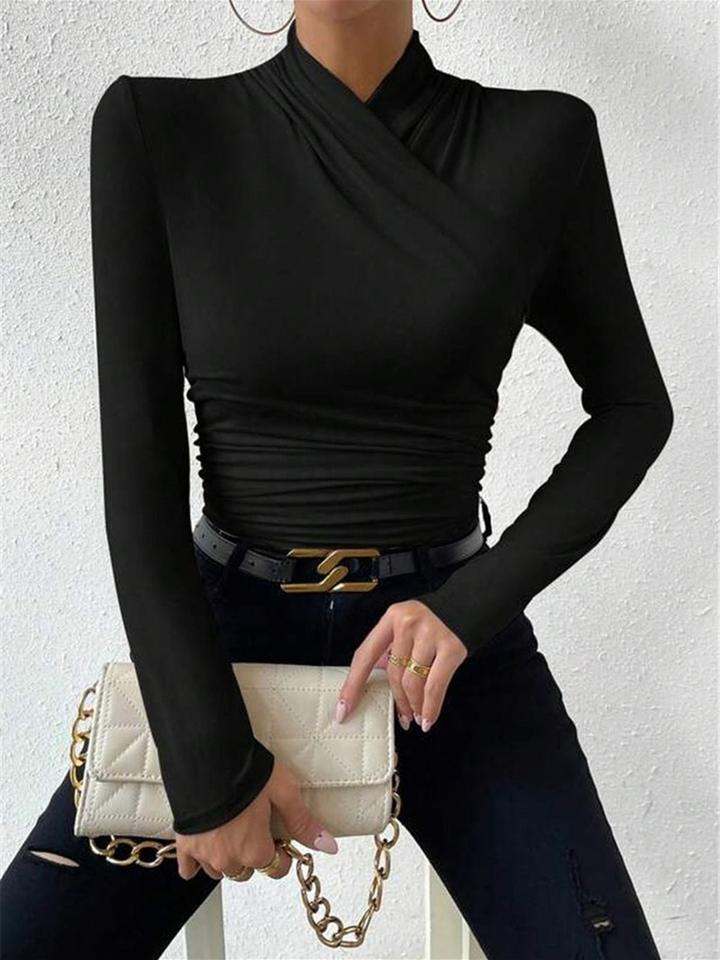 Draped Crossover Long Sleeve Top - High Neck Statement Blouse for Smart Casual Styling