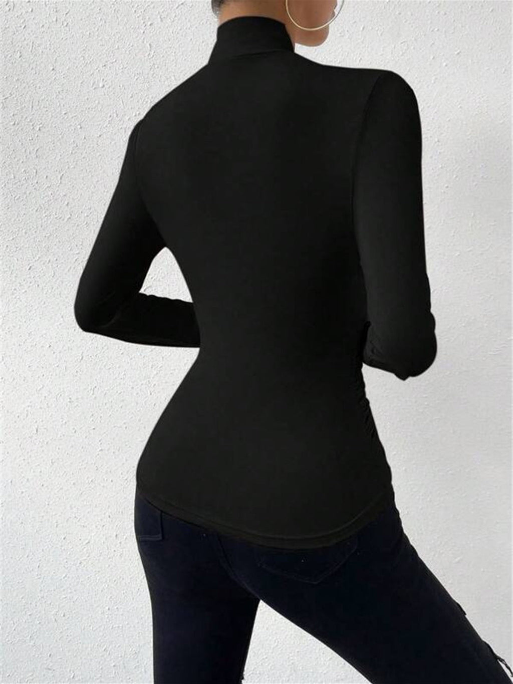 Draped Crossover Long Sleeve Top - High Neck Statement Blouse for Smart Casual Styling