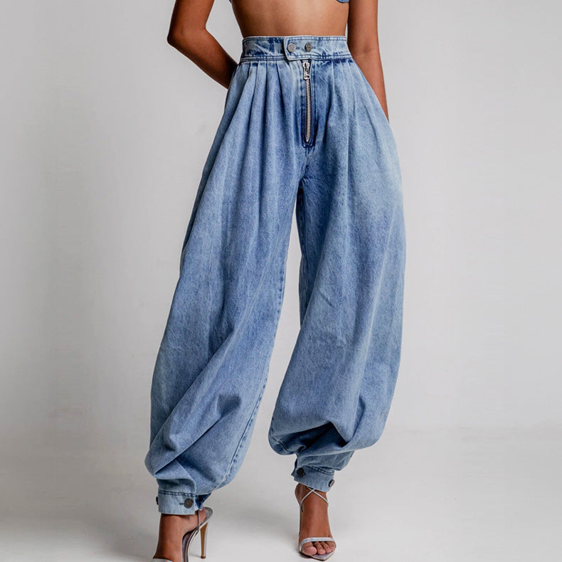 Women's High Waist Pleated Balloon Denim Pants with Zip Front