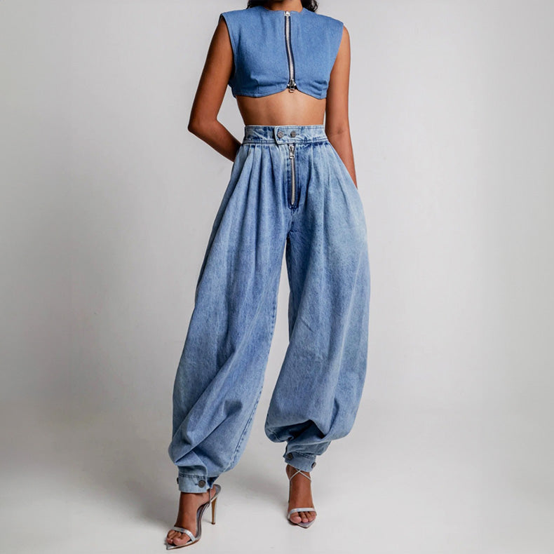Women's High Waist Pleated Balloon Denim Pants with Zip Front