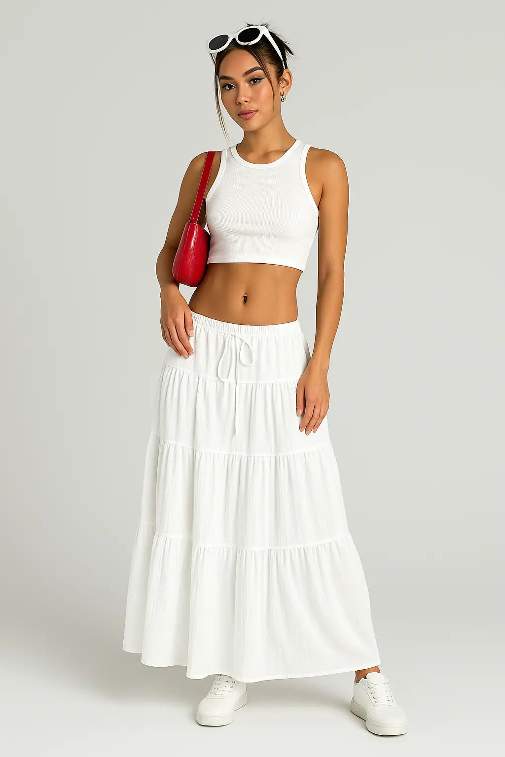 Women's Tiered Maxi Skirt - Elastic Waist - Drawstring Tie